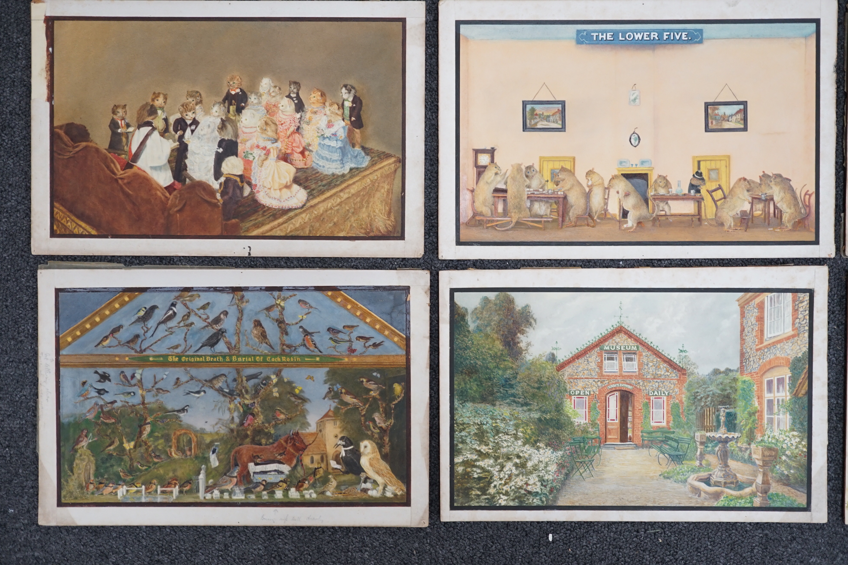 1930's English School, a set of 11 watercolours, Potter's Museum of Taxidermy, Bramber, Sussex, produced as designs for postcards, unsigned, 18 x 27cm, unframed